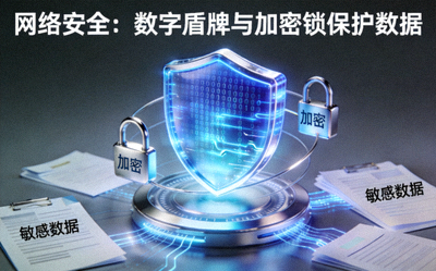 网络安全数字盾牌与加密锁保护数据概念图